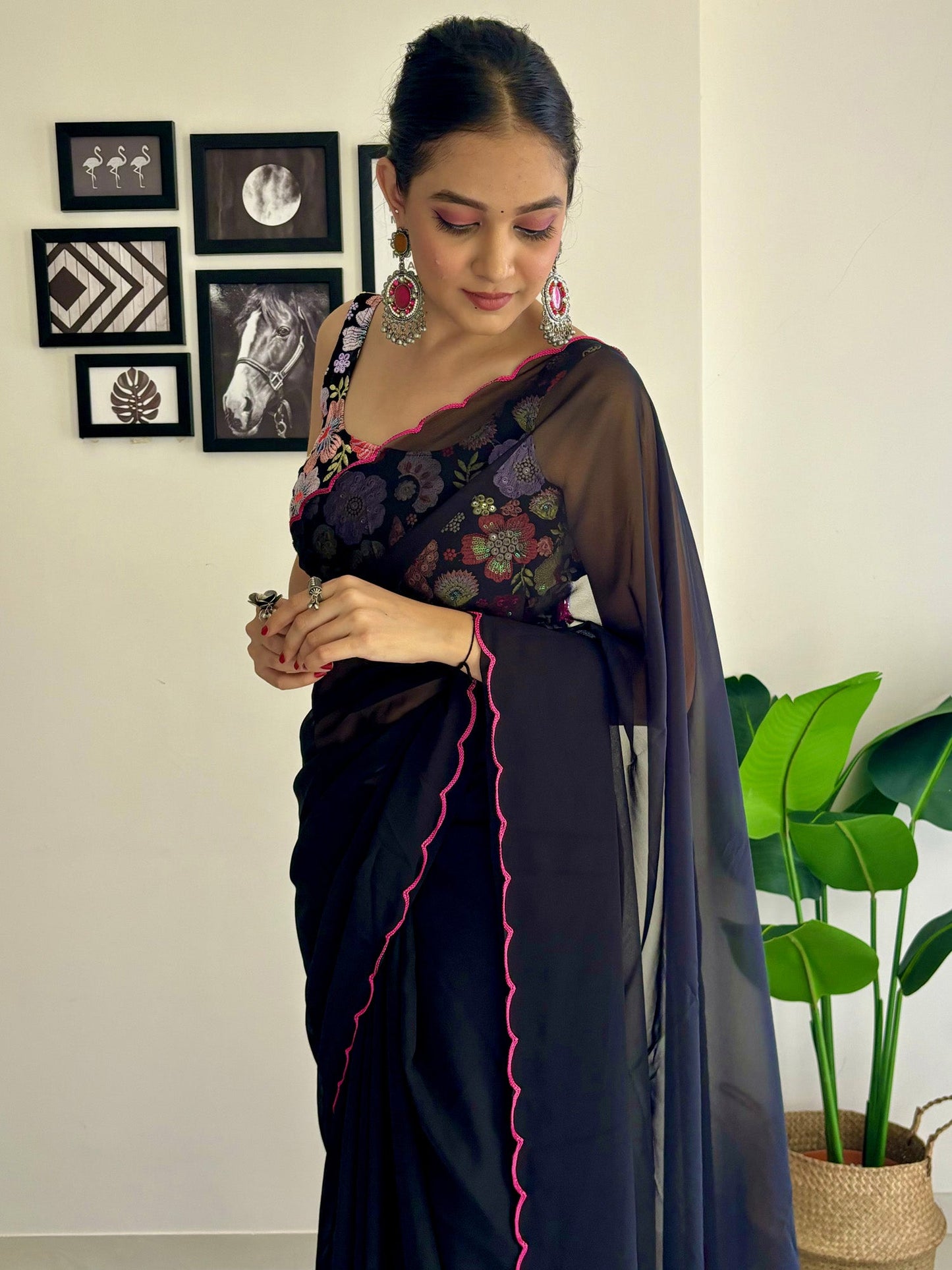 Women's Georgette Black Embellished Designer Saree With Blouse Piece