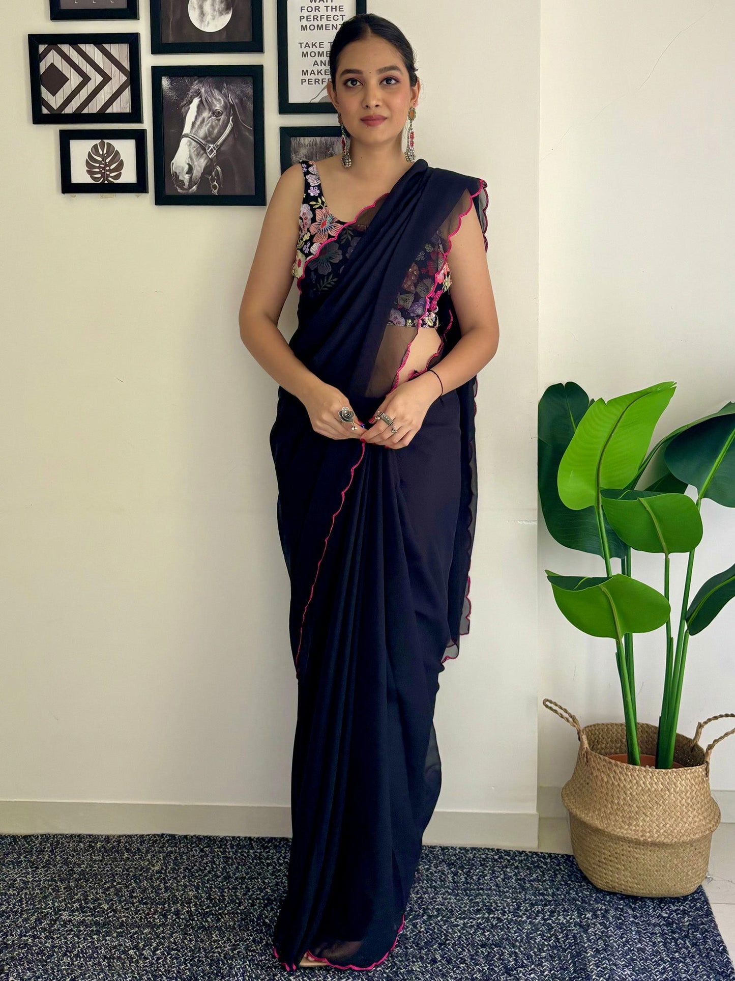 Women's Georgette Black Embellished Designer Saree With Blouse Piece
