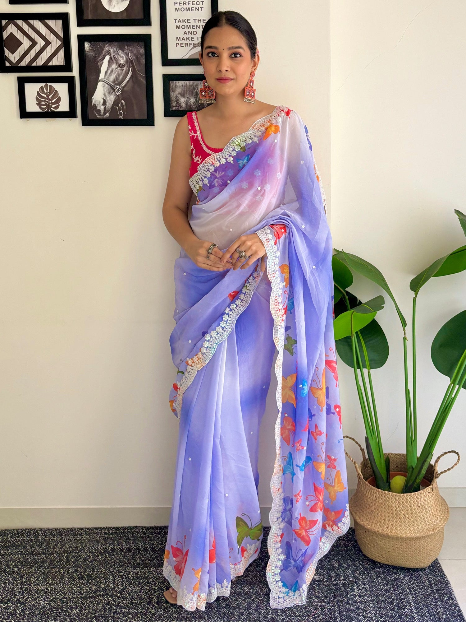 Women's Georgette Pink Embellished Designer Saree With Blouse Piece