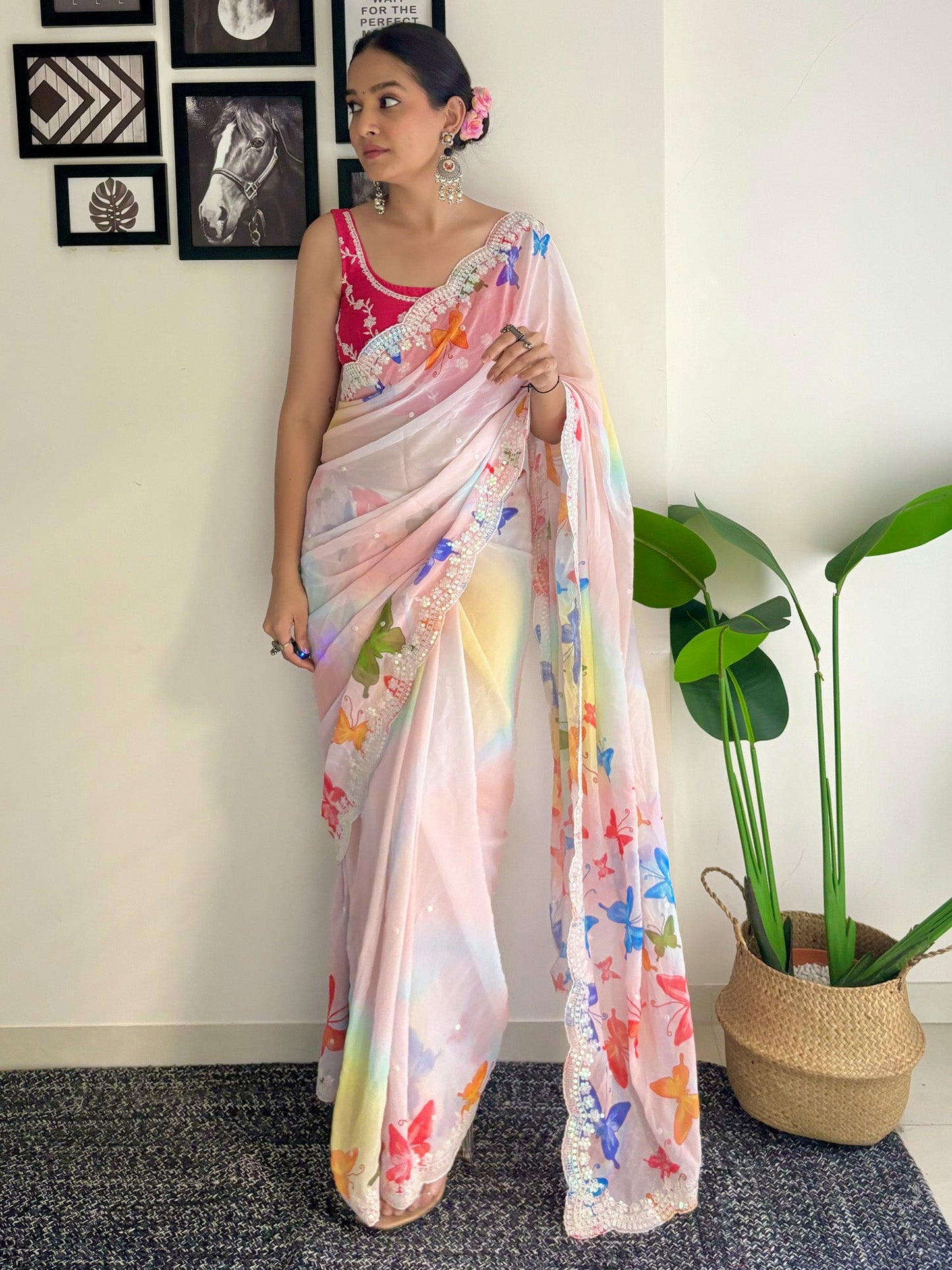 Women's Georgette Pink Embellished Designer Saree With Blouse Piece