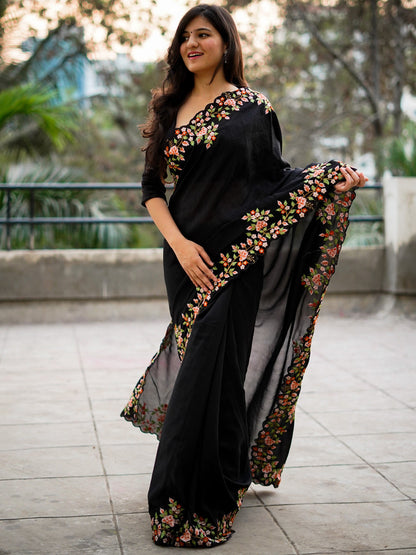 Women's Vichitra Silk Black Embroidered Designer Saree With Blouse Piece