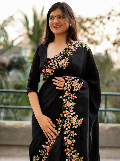 Women's Vichitra Silk Black Embroidered Designer Saree With Blouse Piece
