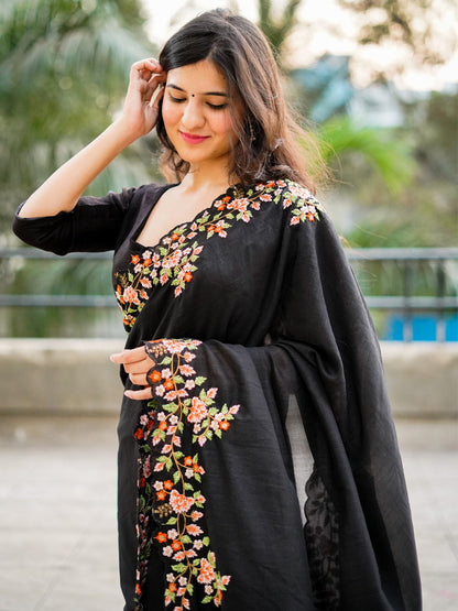 Women's Vichitra Silk Black Embroidered Designer Saree With Blouse Piece