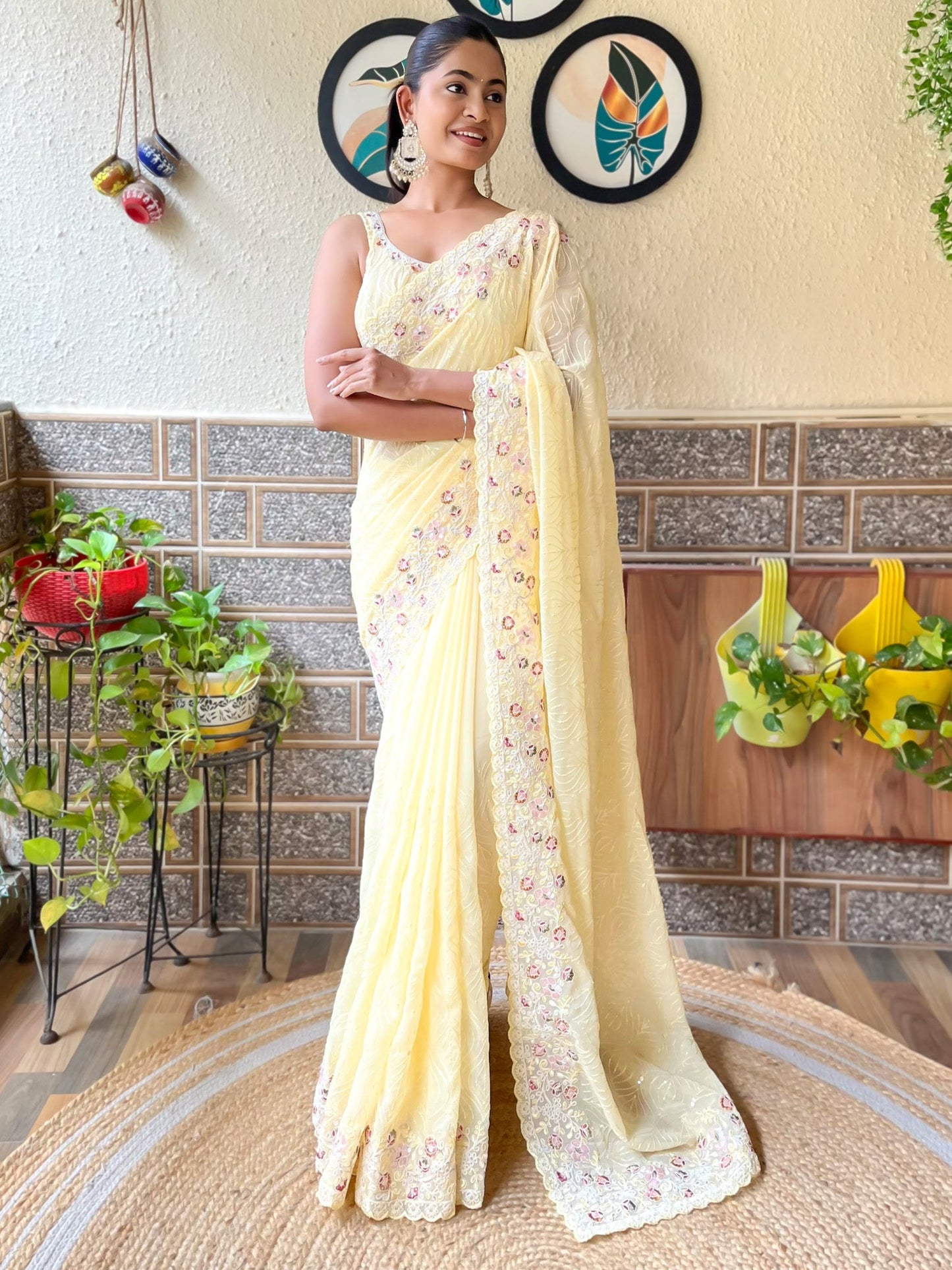 Women's Georgette Yellow Embellished Designer Saree With Blouse Piece