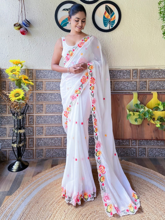 Women's Georgette White Embroidered Designer Saree With Blouse Piece