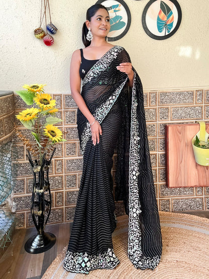 Women's Georgette Black Embellished Designer Saree With Blouse Piece