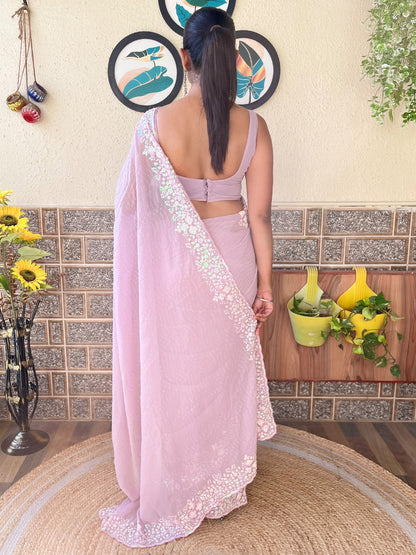 Women's Georgette Mauve Embellished Designer Saree With Blouse Piece