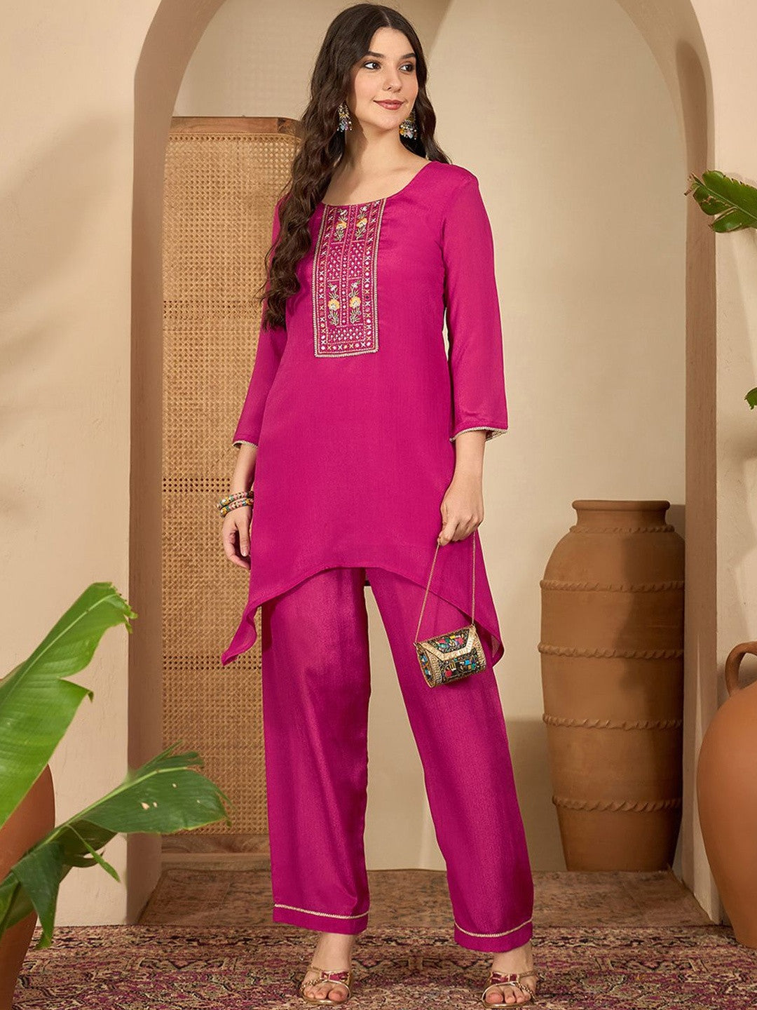 Women Floral Embroidered Pleated Sequinned Kurta With Trousers