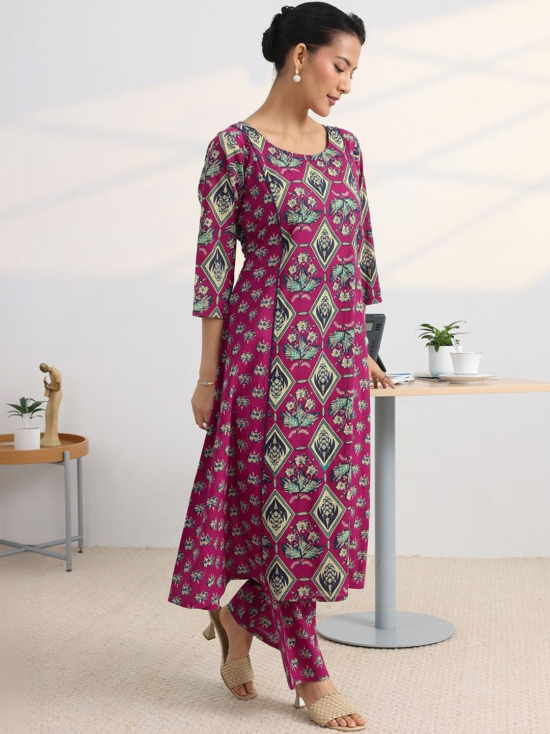 Libas Pink Floral Printed Cotton Blend A-Line Kurta Set