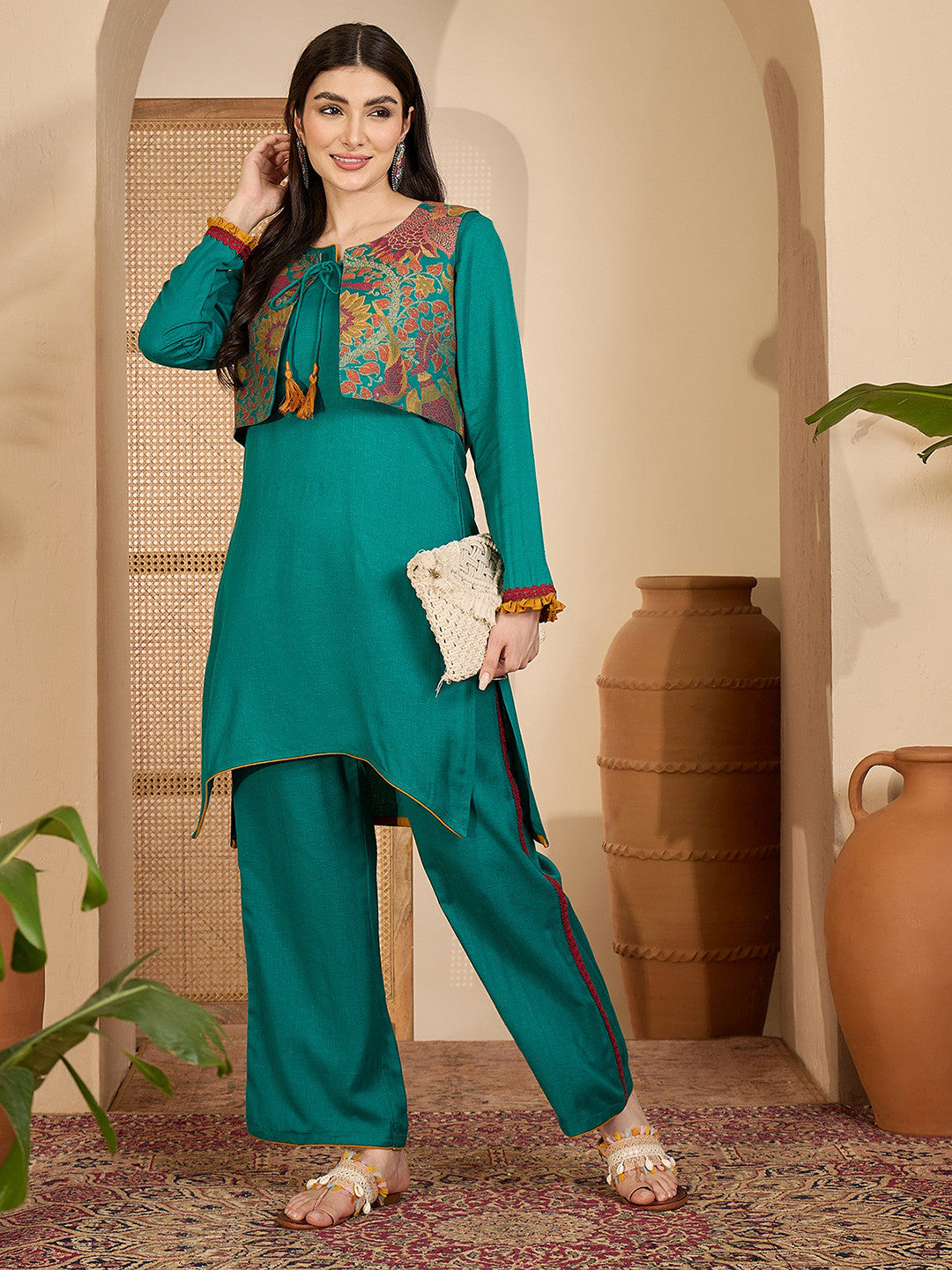Winter Ethnic three-Piece kurta Set with Tassel-Tie Jacket