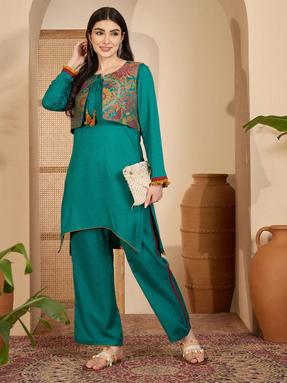 Winter Ethnic three-Piece kurta Set with Tassel-Tie Jacket