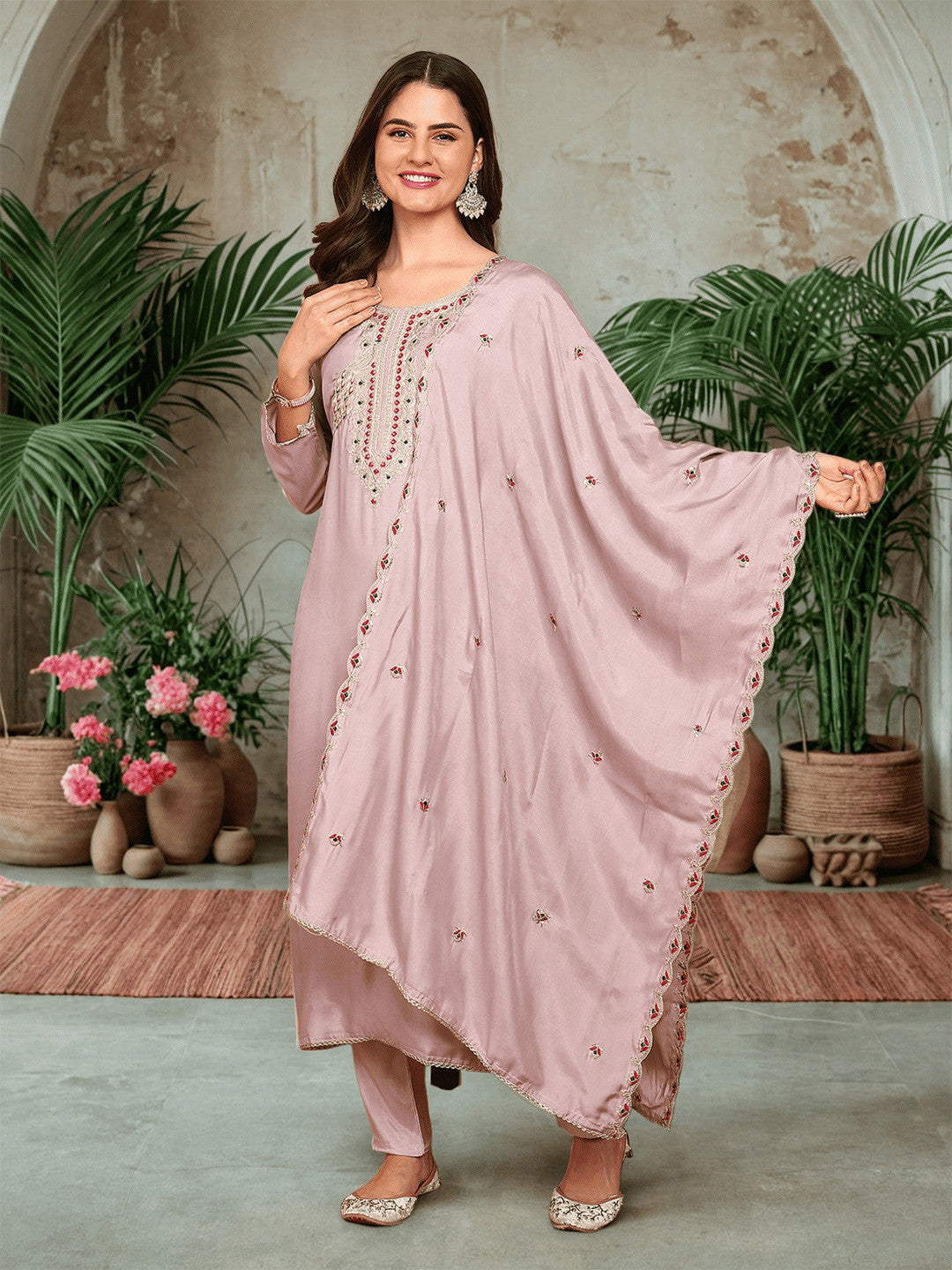 Dhiyona SN Women Floral Embroidered Pure Silk Straight Kurta With Trousers & Dupatta