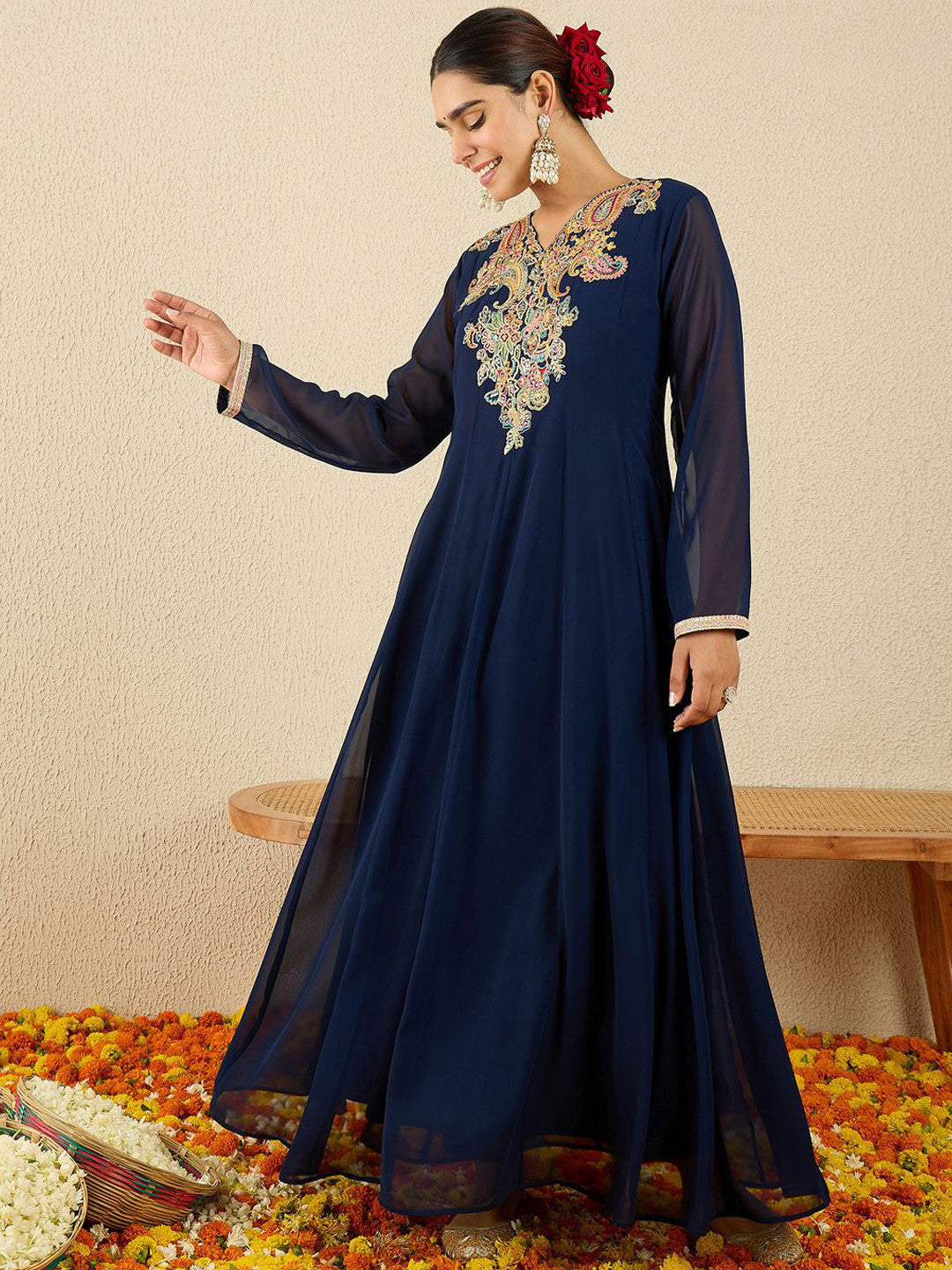 Paisley Embroidered V-Neck Georgette Anarkali Kurta with Trousers