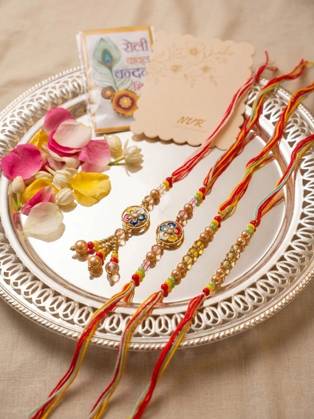 Dhiyona Set Of 4 Artificial Beads Family Pack Thread Rakhi With Roli Chawal Chandan Mishri