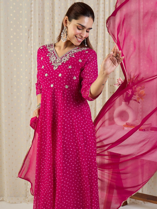 Ethnic Motifs Printed V-Neck Sequinned Georgette Kurta With Trousers & Dupatta