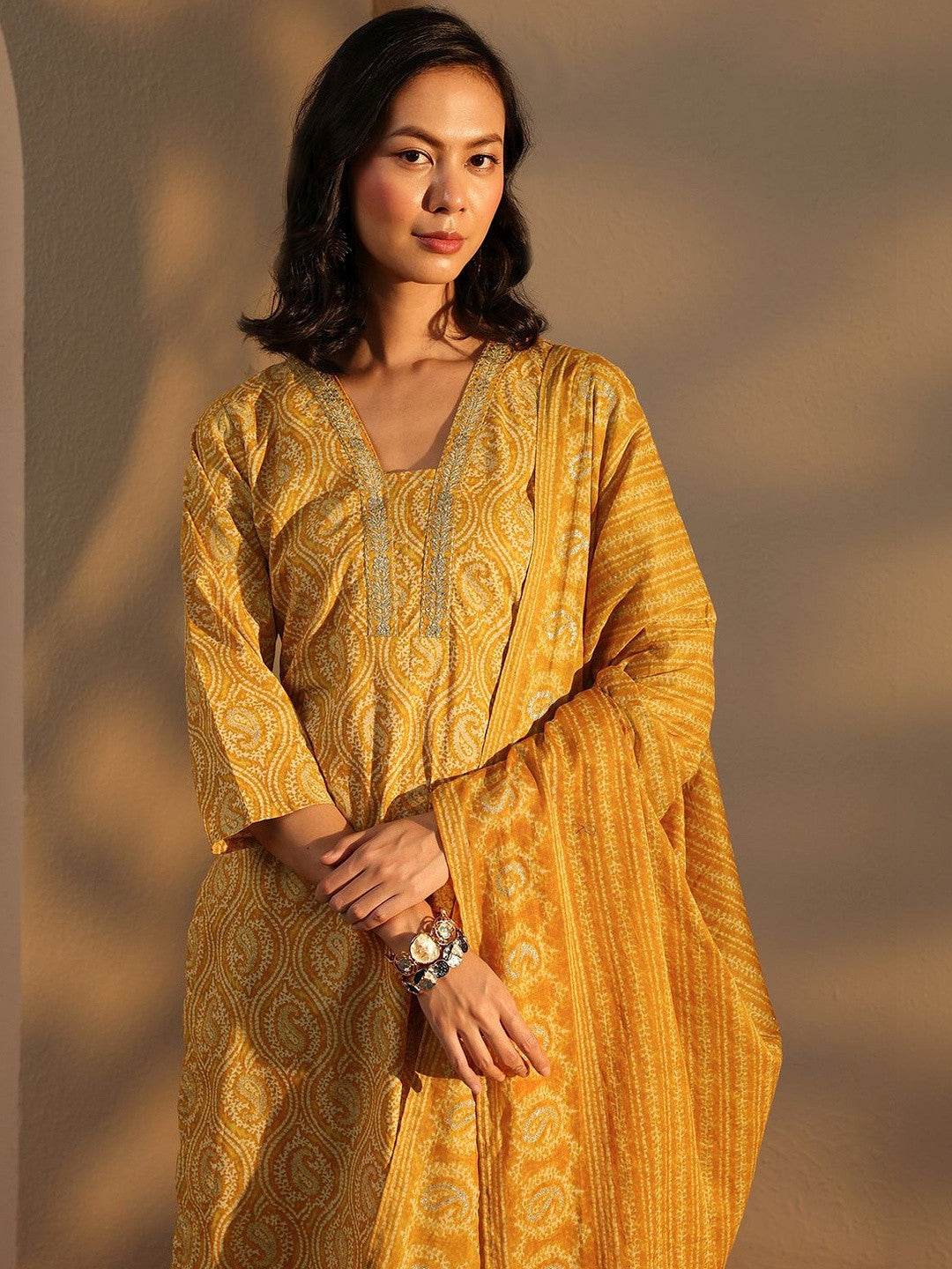Yellow Paisley Printed Cotton Straight Suit Set With Dupatta