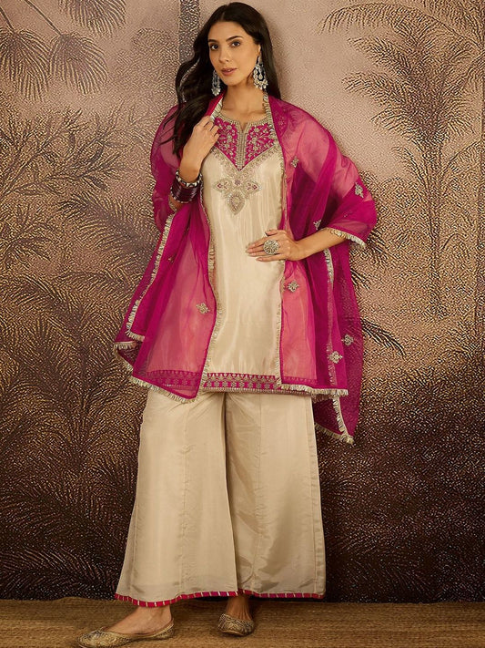 Dhiyona SN Ethnic Motifs Embroidered Straight Kurta with Palazzos & Dupatta