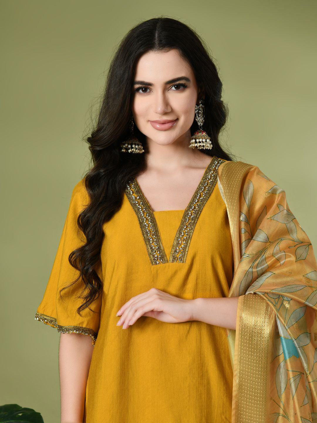 Square Neck Flared Sleeves High-Low A-Line Fusion Kurta With Dhoti Pant & Dupatta