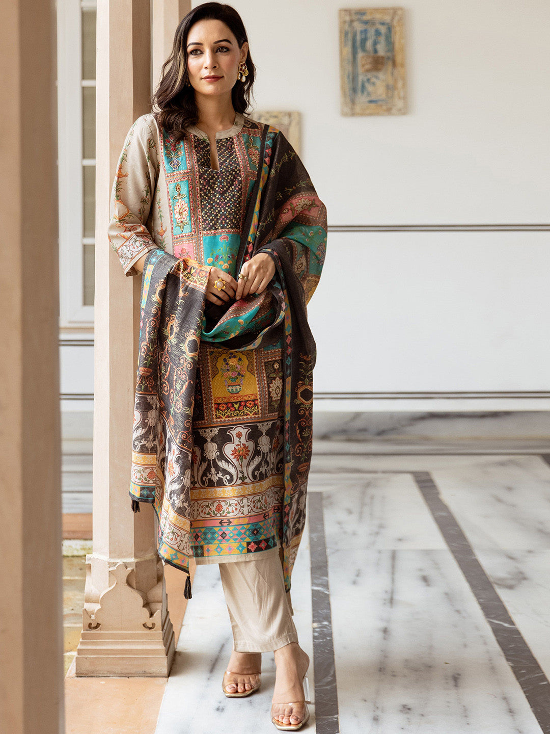 Ethnic Motifs Printed Mandarin Collar Modal Tissue Kurta & Trousers With Dupatta