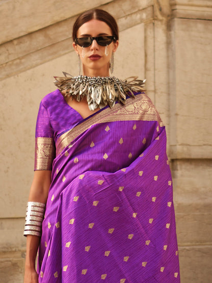 Women's Silk Blend Purple Woven Design Designer Saree With Blouse Piece