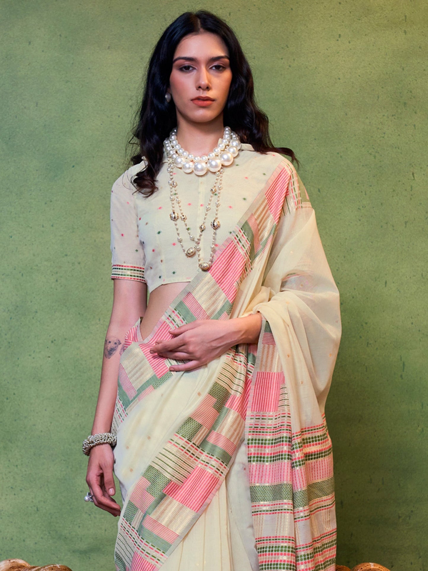Women's Silk Blend Cream Woven Design Designer Saree With Blouse Piece