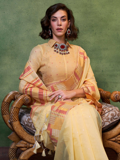 Women's Silk Blend Yellow Woven Design Designer Saree With Blouse Piece