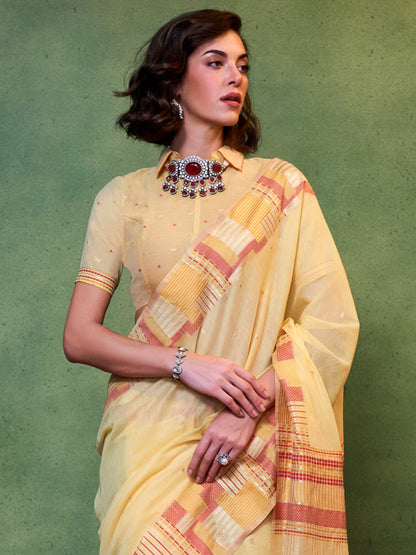 Women's Silk Blend Yellow Woven Design Designer Saree With Blouse Piece