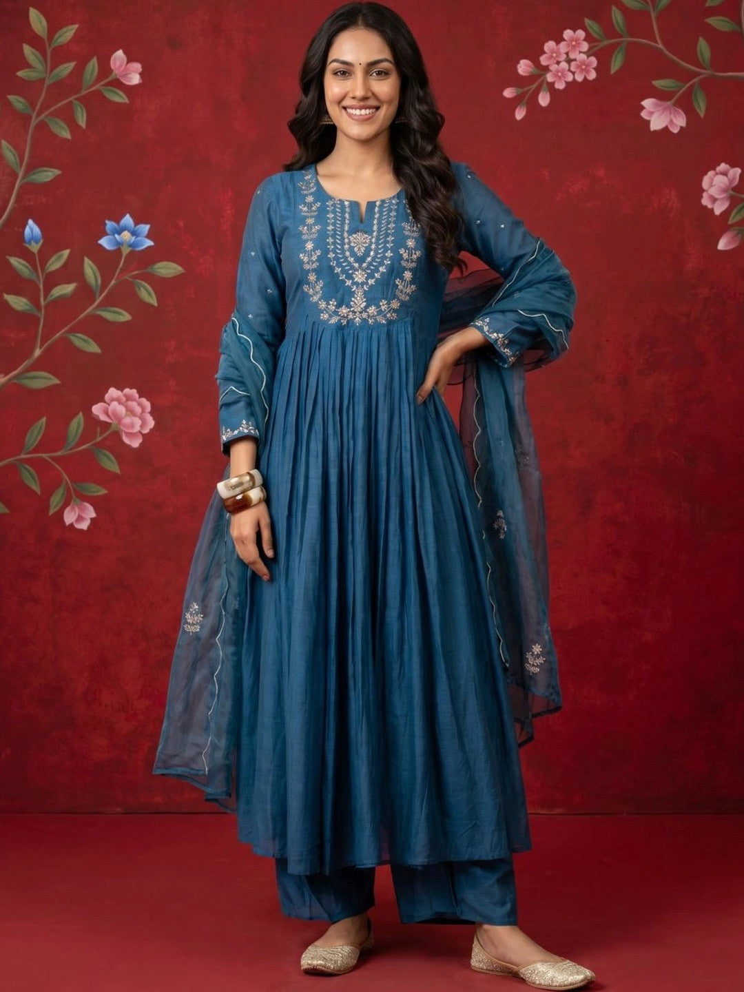 Women Ethnic Motifs Embroidered Empire Thread Work Pure Silk Kurta with Trousers & With Dupatta