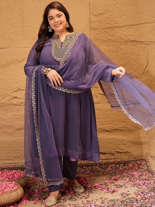 Dhiyona IN Floral Embroidered Georgette Anarkali Kurta with Trousers & Dupatta