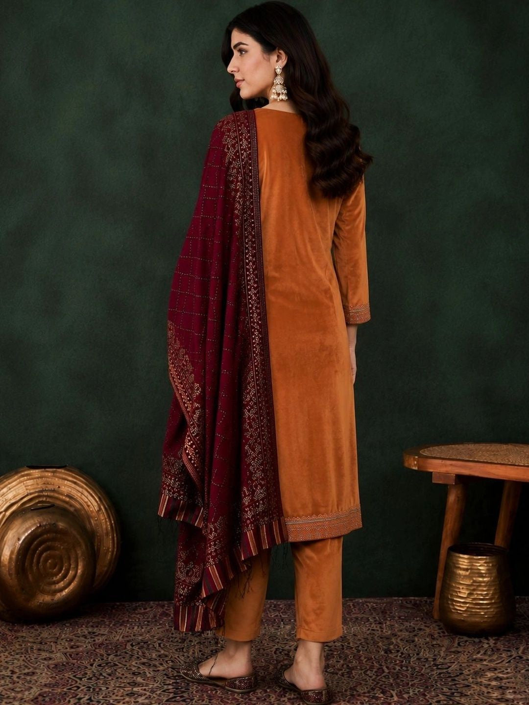 Women Tan Floral Embroidered Sequinned Velvet Kurta & Trouser With Dupatta