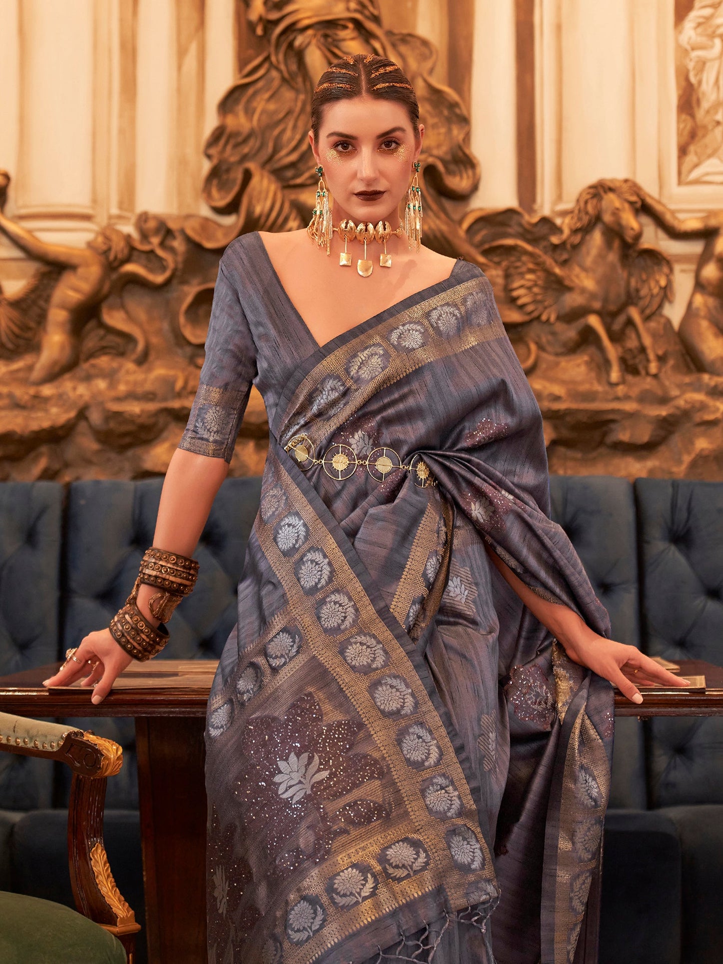 Women's Silk Blend Charcoal Grey Embellished Designer Saree With Blouse Piece