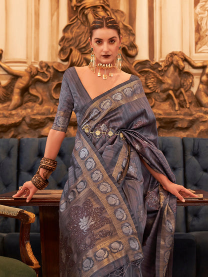Women's Silk Blend Charcoal Grey Embellished Designer Saree With Blouse Piece