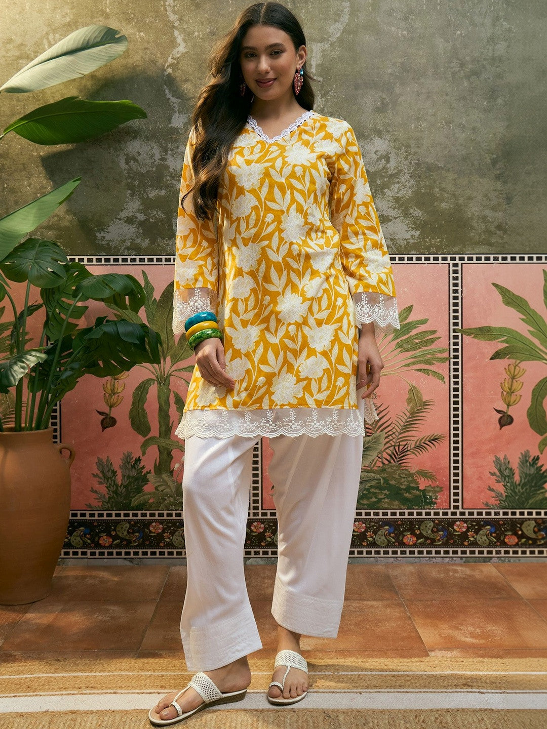 Printed Pure Cotton V-Neck Kurti & Salwar