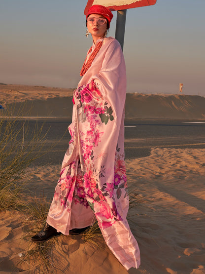 Women's Tissue Pink Printed Designer Saree With Blouse Piece