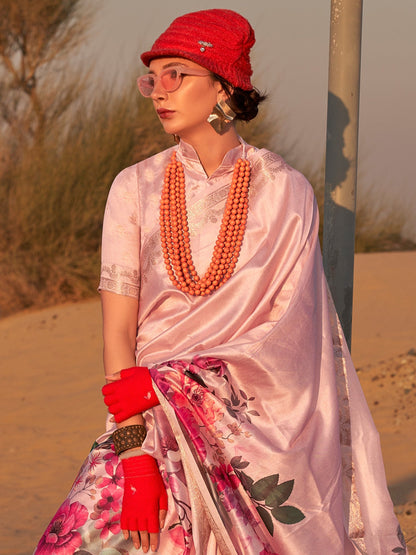 Women's Tissue Pink Printed Designer Saree With Blouse Piece