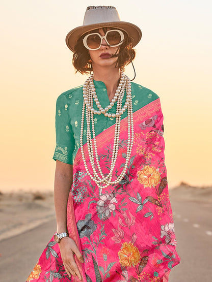 Women's Tissue Pink Printed Designer Saree With Blouse Piece