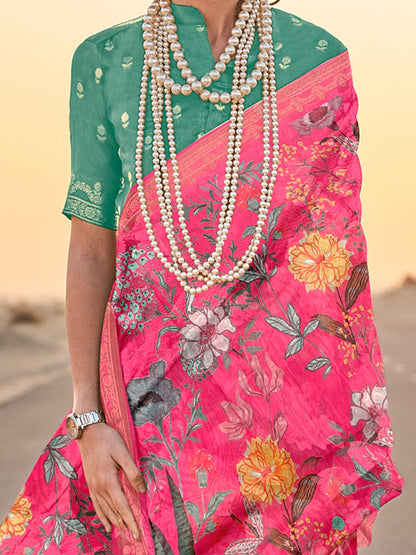 Women's Tissue Pink Printed Designer Saree With Blouse Piece