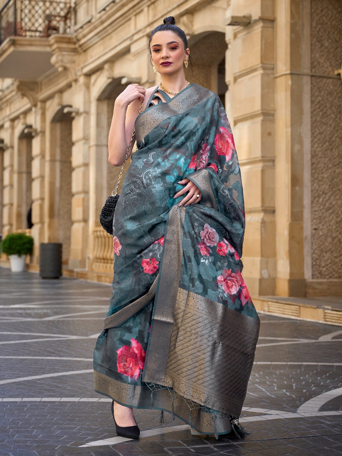 Women's Brasso Charcoal Grey Embellished Designer Saree With Blouse Piece