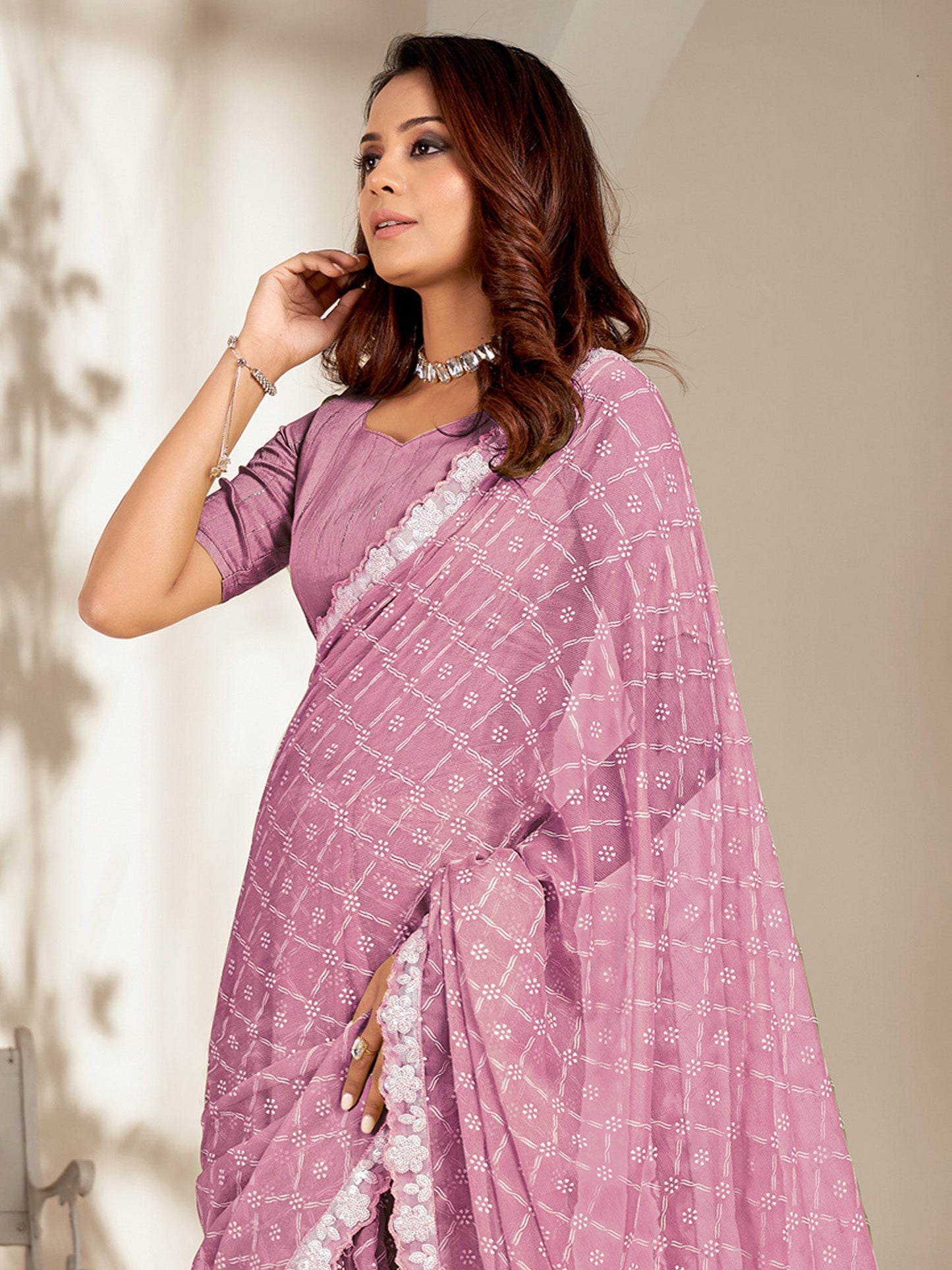 Women's Chiffon Lavendar Embellished Designer Saree With Blouse Piece