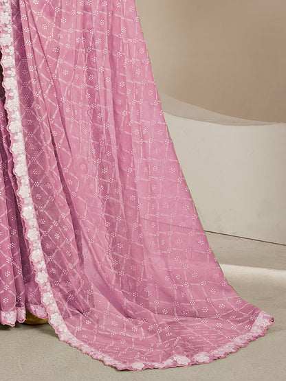 Women's Chiffon Lavendar Embellished Designer Saree With Blouse Piece