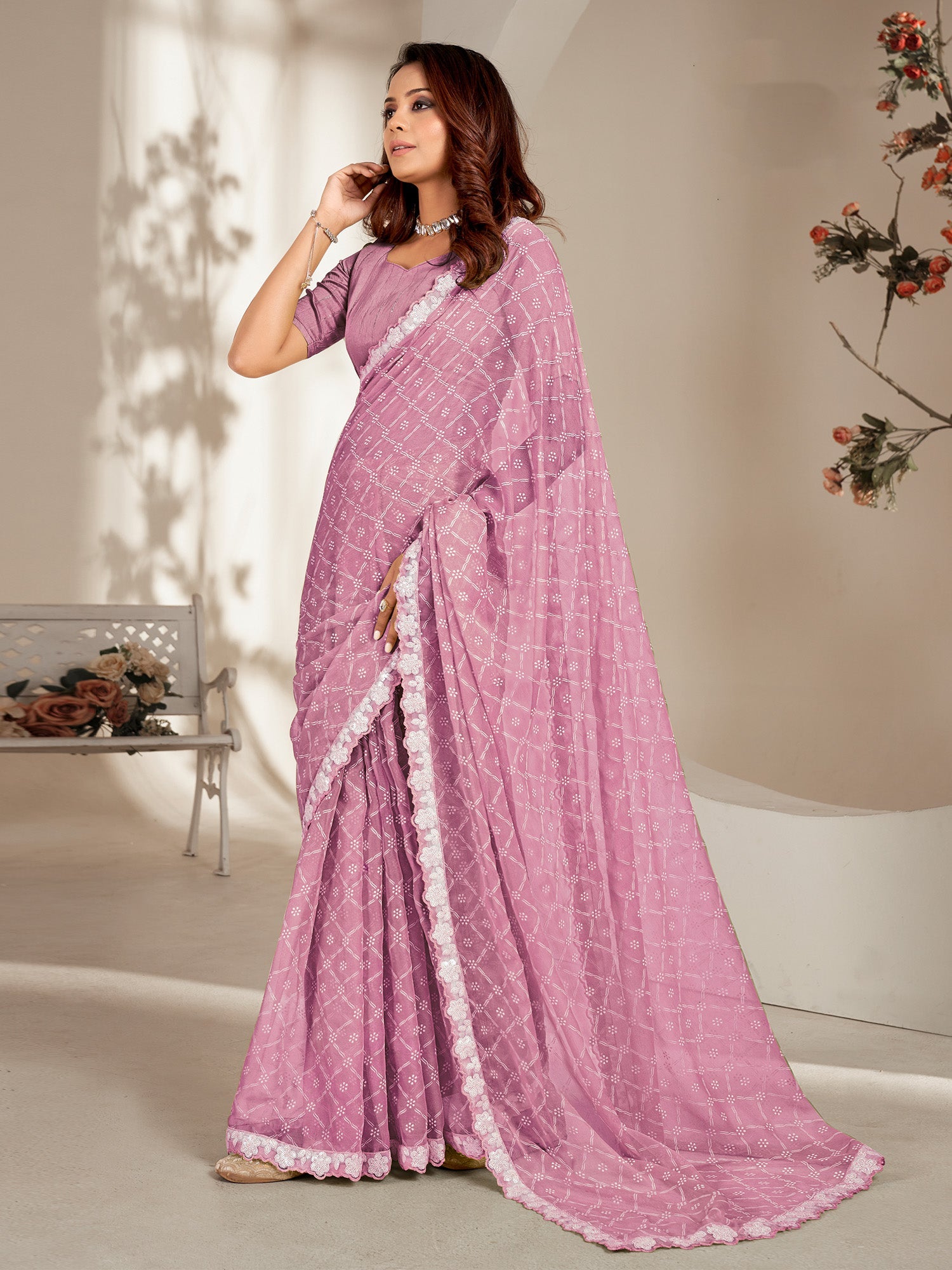 Women's Chiffon Lavendar Embellished Designer Saree With Blouse Piece
