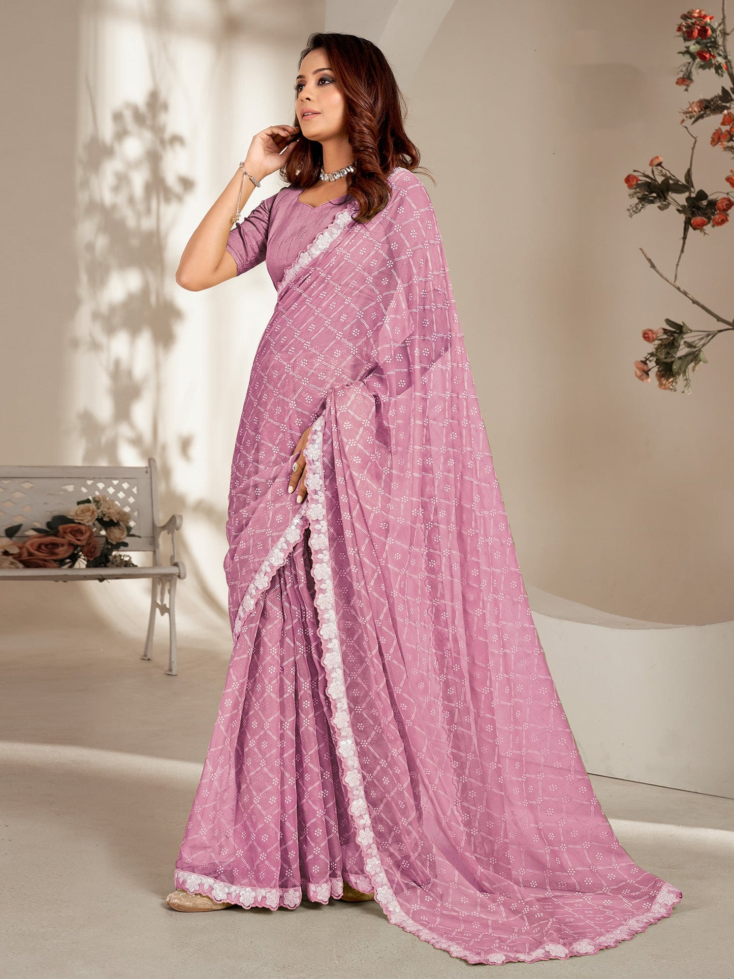 Women's Chiffon Lavendar Embellished Designer Saree With Blouse Piece