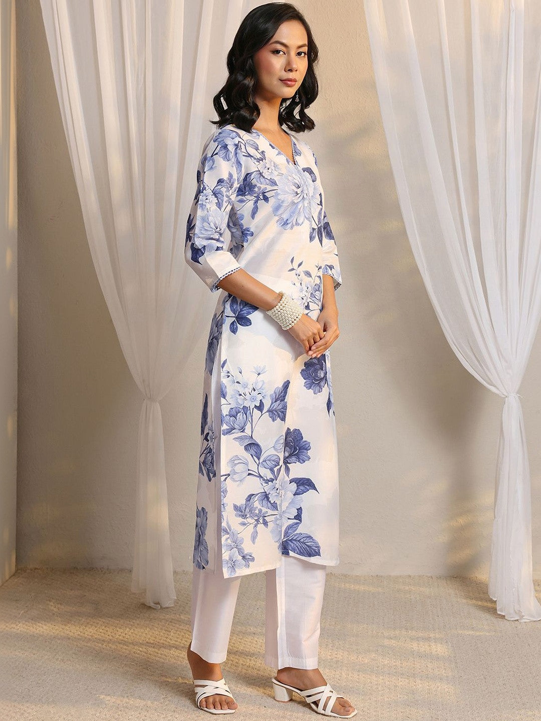 White Floral Printed Chanderi Silk Straight Suit Set with Dupatta
