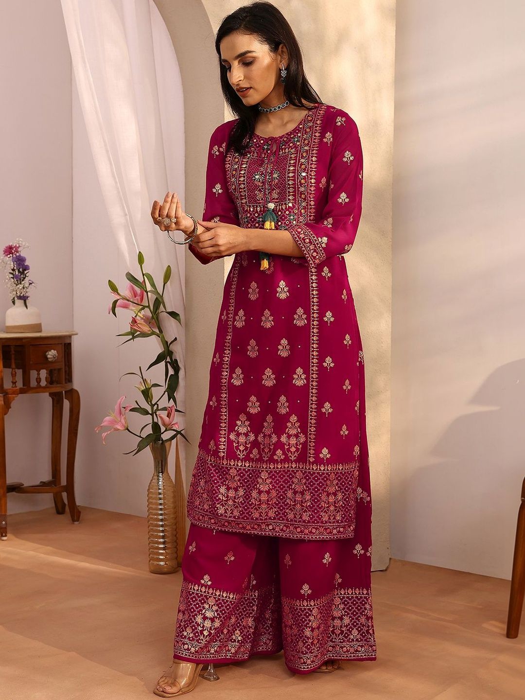 Dhiyona LL Women Ethnic Motifs Embroidered Regular Mirror Work Kurta with Palazzos & With Dupatta