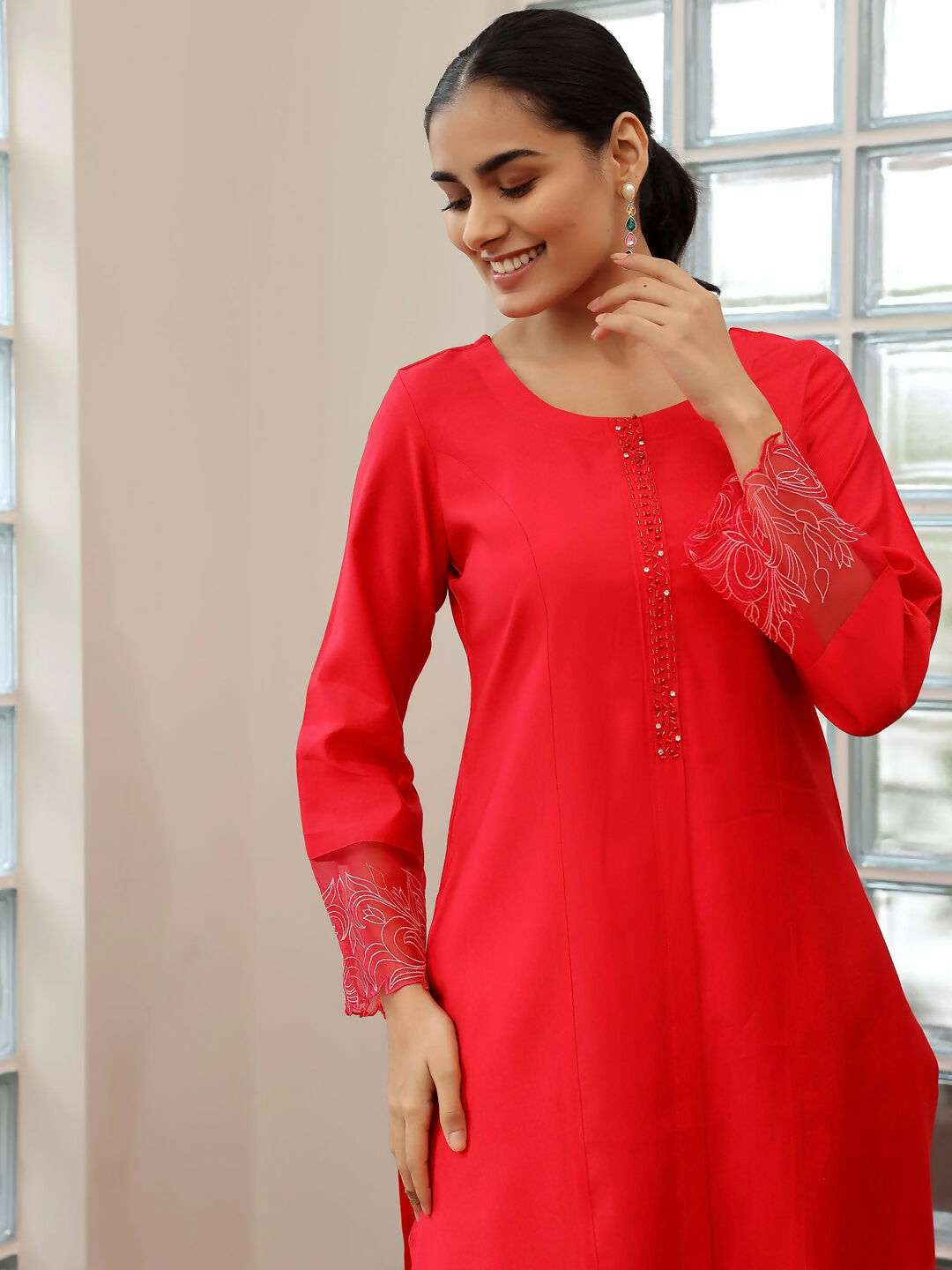 Women's LB Red Yoke Design Silk Blend Straight Suit With Dupatta