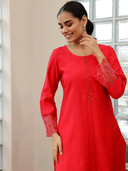 Women's LB Red Yoke Design Silk Blend Straight Suit With Dupatta