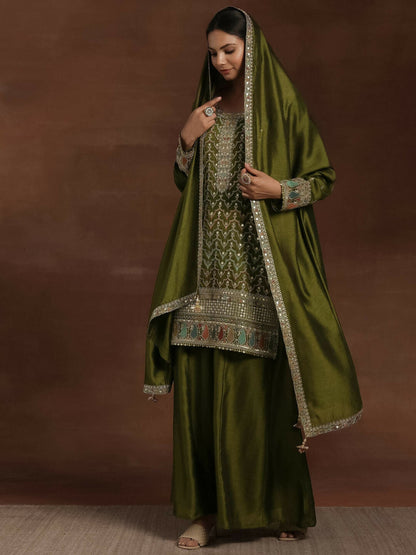 Women's LB Adaa Olive Embroidered Silk Blend Straight Kurta With Palazzos & Dupatta