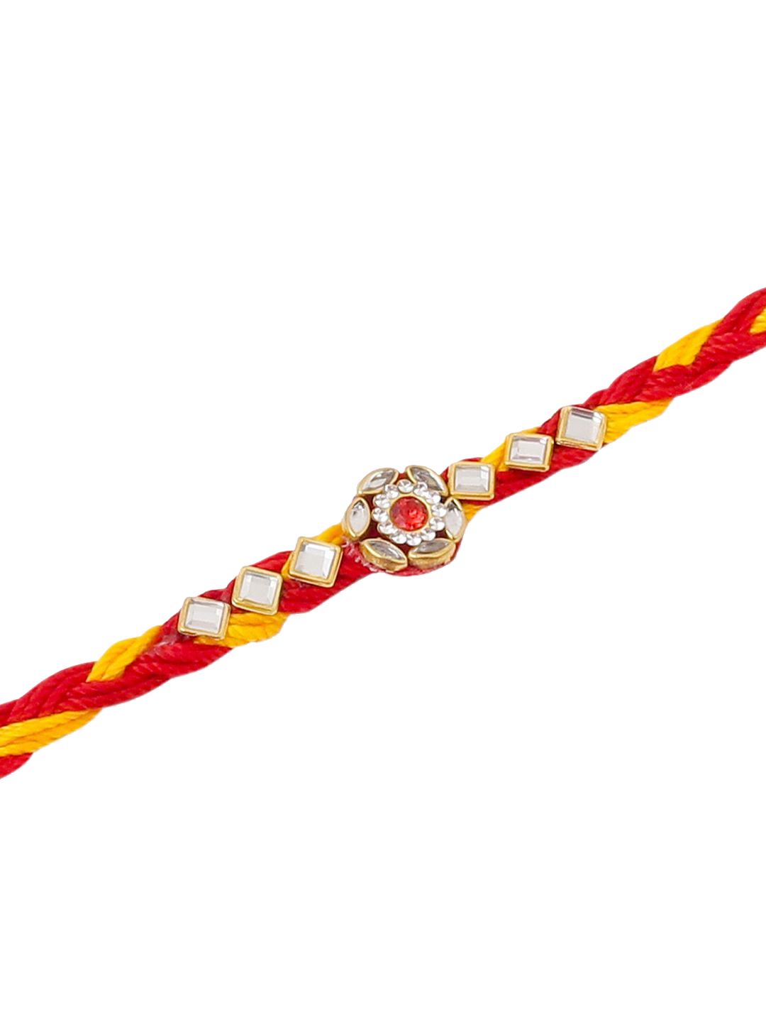 Dhiyona Set Of 3 Kundan Studded Thread Rakhis With Roli Chawal Chandan & Mishri