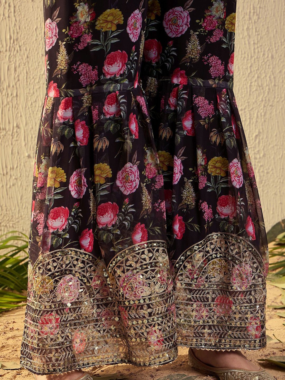 Dhiyona KL Floral Embroidered Sequinned Kurta With Sharara & Dupatta