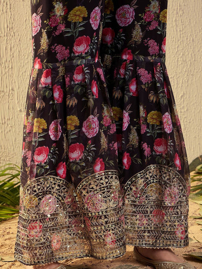 Dhiyona KL Floral Embroidered Sequinned Kurta With Sharara & Dupatta